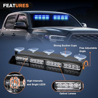 Nilight 32LED Blue Emergency Dash Strobe Lights with Controller Suction Cups Warning Hazard Interior Front/Rear Windshield Deck Split Light Bar for Trucks Construction Vehicles - color: Blue