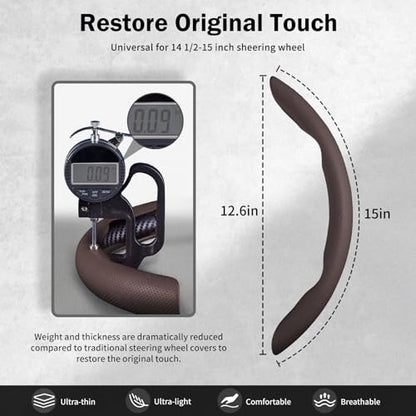 Nappa Leather Car Steering Wheel Cover for Men Women, Ultra-Thin Non-Slip Breathable Microfibre, Universal for 14.5"-15" Steering Wheel - Brown - color: Brown