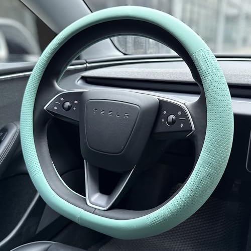 PINCTROT Nappa Leather Steering Wheel Cover for Tesla Model Y/3 Highland/Juniper, D Shaped 14 Inch Small Sized with Breathable Perforation, Fit Like Gloves, Flat Bottom 14 Inch(Nappa Mint) - color: 09.Mint, size: Small D Shaped/Flat Bottom[14''-14 1/4'']