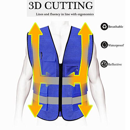 HYCOPROT High Visibility Mesh Safety Reflective Vest with Pockets and Zipper, Meets ANSI/ISEA Standards - color: Blue, size: Large