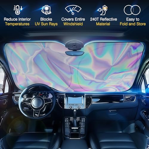 Iridescent Sun Shade for Car Windshield, Foldable Universal Car Windshield Upgrade Sunshade Enhanced UV Rays Reflective Sun Visor Shade Keeps Vehicle Cool - color: Silver- Colorful, 57"x31.5"