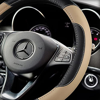 Leather Car Steering Wheel Cover, Non-Slip Car Wheel Cover Protector Breathable Microfiber Leather Universal Fit for Most Cars(Beige) - color: Beige