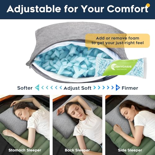 CushyOasis All-in-1 Camping Pillow Set - Shredded Memory Foam Neck Pillow Travel Pillow with Eye Mask, Earplugs, Washable Cover, Compact for Backpacking, Camping, Flights, Car Travel (Large Size) - size: Large