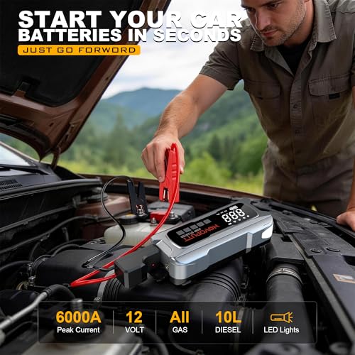 6000A Jump Starter with Air Compressor, 150PSI Dual Cylinder Tire Inflator & PD 65W Fast Charge, 12V Portable Car Battery Booster for All Gas/10L Diesel Trucks, Jumper Cables & Emergency Kit Included