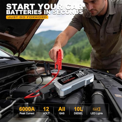 6000A Jump Starter with Air Compressor, 150PSI Dual Cylinder Tire Inflator & PD 65W Fast Charge, 12V Portable Car Battery Booster for All Gas/10L Diesel Trucks, Jumper Cables & Emergency Kit Included