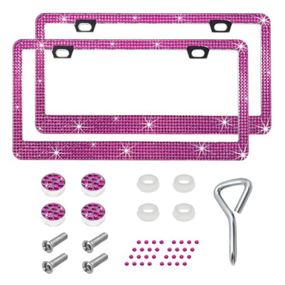 DXNQ 2PCS Bling License Plate Frame, Sparkly Rhinestone Diamond License Plate Cover with Crystal Screws Caps, Glitter Crystal Stainless Steel License Plate Holder for Women (Pink) - color: Pink, 2PCS