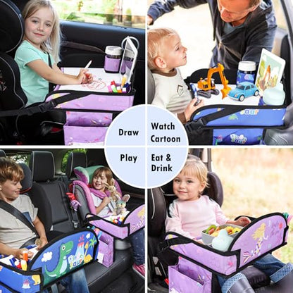 2PCS Kids Travel Tray for Airplane - Toddler Car Seat Table Tray, Road Trip Essentials for Boys & Girls, Carseat Lap Desk for Kids Road Trip Activities (Blue Dinosaur/Purple Mermaid) - color: Blue Dinosaur/Purple Mermaid--2PCS