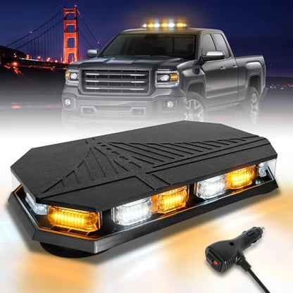 HLauto 406D Rooftop Emergency Strobe Lights Bar, 102 LED Amber White Mini Beacon Safety Flashing Warning Traffic Lights Bar w/Magnetic Base for 12-24V Trucks, Construction Vehicles, Snowplow, Cars - color: Amber/White