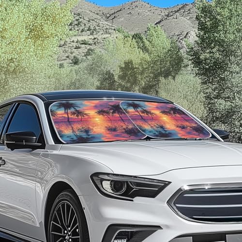 Windshield Sunshade Foldable Car Front Window Sun Shade Sun Visor 2 Packs Reflect Sunlight, Universal Fit Most Cars SUV Truck Van Sedan, Palm Tree - color: Beach Palm Tree Printed