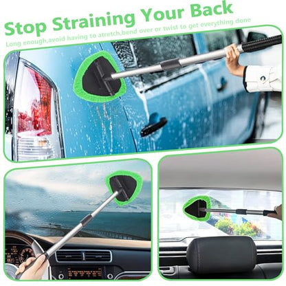 Car Windshield Cleaning Tools, Expandable Car Window Cleaner kit with 4 Reusable Microfiber Pads, Bottles, Windshield Cleaning Wand Tool, Auto Interior Dust Brush, for Trucks, SUVs, RVs etc - color: green