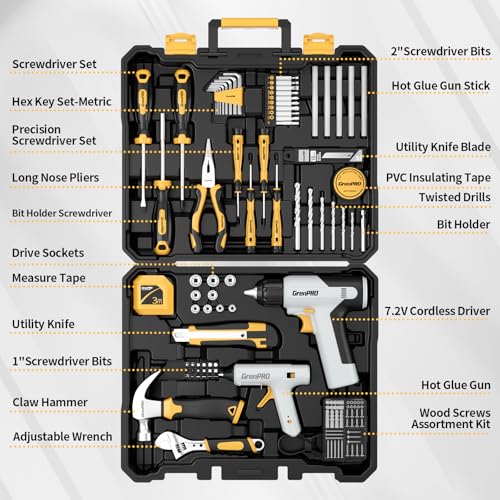GRENPRO Tool Set Drill Set, 188PCS Tool Kit for Home with Cordless Drill Power, Hand Tool Kit for Women, Basic Household Auto Car Repair Tool Box for Men, Portable Plastic Storage Box Tools Sets - style: Yellow Power Drill Set 188PC