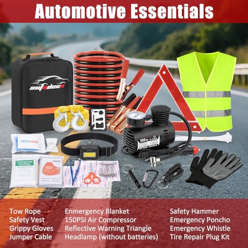 Car Roadside Emergency Kit, Car Safety Kit Portable Vehicle Kits for Emergency with Jumper Cables, Tow Straps, Safety Hammer, Black