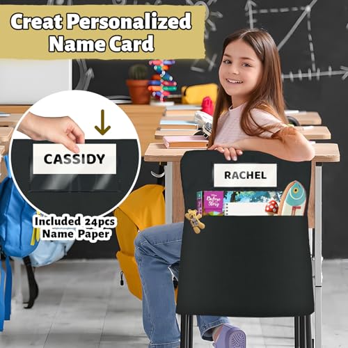 24 Pack Chair Pockets for Classrooms, 16 x 19 inch Pocket Chart Back of Chair Organizer for Kids with Name Slot, Seat Sacks for Classroom Chairs Seat Storage (Black, 24Pack)