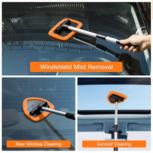 Qydipclin 10pcs Windshield Cleaning Tool Inside Car Window Cleaner Wash Kit with 4 Reusable Microfiber Pads 1 Spray Bottle and Extendable Handle Interior Auto Glass Wiper Kit, Orange - color: Orange
