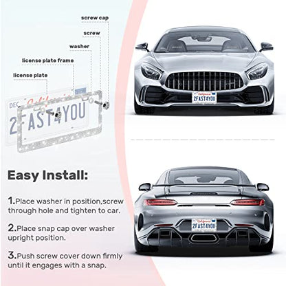 QUANQIUFEI 2 Pack Bling License Plate Frames, Sparkly Rhinestone Diamond Car License Plate Cover for Women, Stainless Steel Car Accessories with Glitter Crystal Caps (White) - color: White