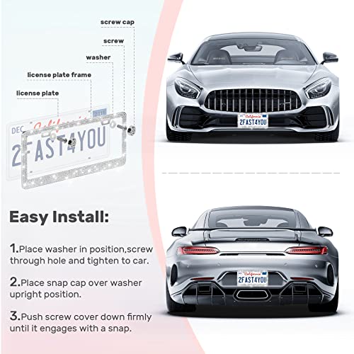 QUANQIUFEI 1 Pack Bling License Plate Frames, Sparkly Rhinestone Diamond Car License Plate Cover for Women, Stainless Steel Car Accessories with Glitter Crystal Caps (1 Pack White) - color: 1 Pack White