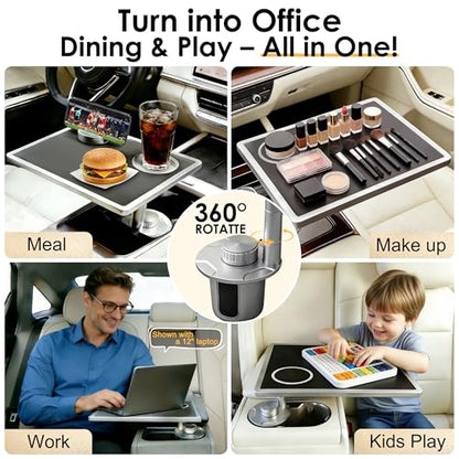 Car Food Tray & Car Table Tray with Car-Grade Aluminum Cup Holder & Phone Stand, Premium Wood with Leather Surface, 360° Rotating Car Desk for Laptop &Eating (Square, Black) - color: 𝗦𝗾𝘂𝗮𝗿𝗲 · Black