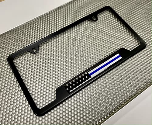 Stainless Steel Matte Black CAR 2-Hole Standard Size - Domed Custom-Made Corrosion-Resistant License Plate Frame with Thin Blue Line USA Flag Design and Free caps - (Qty: 1 Frame) - size: Thin Blue Line U.S. Flag
