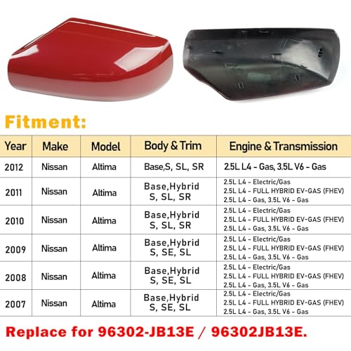 Moonlinks Mirror Cover Replacement Compatible With Nissan Altima 2.5L 2007 2008 2009 2010 2011 2012, Red Left Driver Side Clip-on Mirror Cap WITHOUT Turn Signal, Replace for 96302-JB13E (Red) - color: Left Red