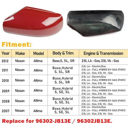 Moonlinks Mirror Cover Replacement Compatible With Nissan Altima 2.5L 2007 2008 2009 2010 2011 2012, Red Left Driver Side Clip-on Mirror Cap WITHOUT Turn Signal, Replace for 96302-JB13E (Red) - color: Left Red