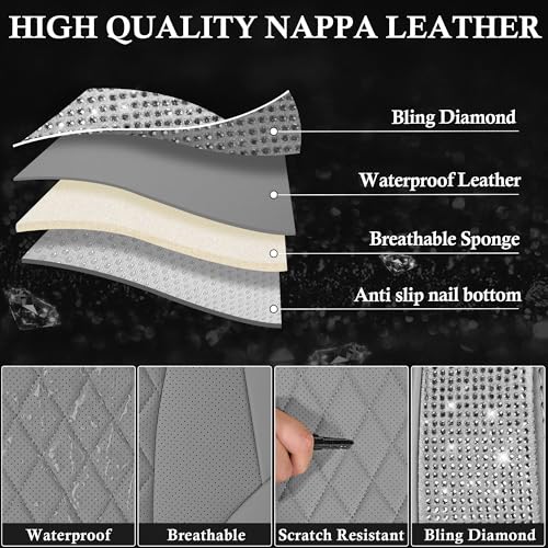 CAR PASS Gray Leather Bling Car Seat Covers Full Set, Luxury Microfiber Nappa PU Cushioned, Waterproof Anti-Slip Universal Fit for Auto SUV Sedan Sparkly Glitter Shining Rhinestone, Gray Diamond - color: Gray Diamond, size: Full Set