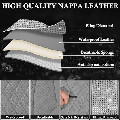 CAR PASS Gray Leather Bling Car Seat Covers Full Set, Luxury Microfiber Nappa PU Cushioned, Waterproof Anti-Slip Universal Fit for Auto SUV Sedan Sparkly Glitter Shining Rhinestone, Gray Diamond - color: Gray Diamond, size: Full Set