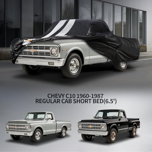 Chevy C10 Truck Cover Custom Fit 1960-1987 Regular Cab Short Bed(6.5') with Door Zipper, 10 Layers Outdoor Heavy Pickup Truck Cover Waterproof All Weather, Wind Dust Sun Protector. - size: C10 1960-1987 Regular Cab SB(6.5')+Towel+Bag
