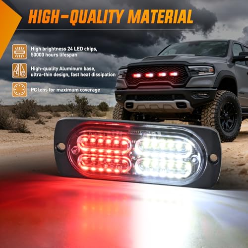 Nilight 4PCS 24LED Emergency Strobe lights 12V 24V Red White Surface Mount Grille Hazard Safety Warning Light Sync Feature Side Flashing Marker Flash for Car Truck Campers - color: Red White