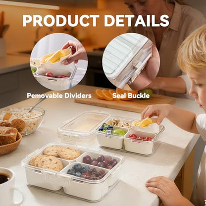 2 Pack Small Snack Box Container with Lid, 4 Compartment Snack Containers for Kids & Adults, Portable Snack Tray Organizer for School Lunch, Work, Beach,Travel & Picnic