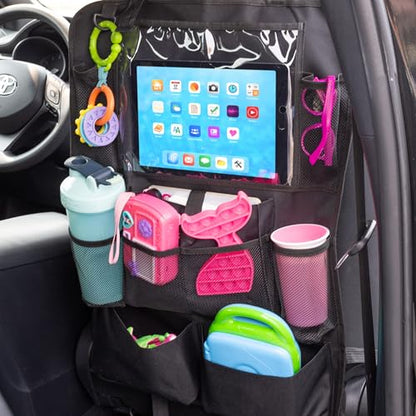 Stalwart Car Seat Organizer 2-Pack - Car Organization Attachments for Backseat with 9 Pockets and Tablet Holder - Road Trip Essentials (Black)