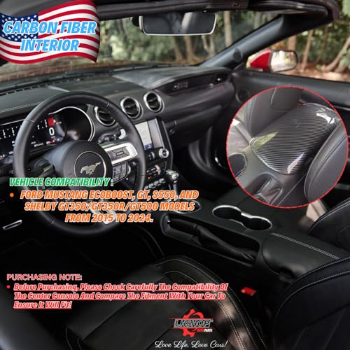 Carbon Fiber Center Console Cover Armrest Lid Cover for 2015-2024 Ford Mustang GT/Ecoboost/ S550/ S650/ Shelby GT350/GT350R/GT500 Interior Trim Car Accessories - Gloss Black