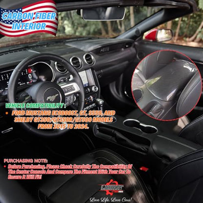 Carbon Fiber Center Console Cover Armrest Lid Cover for 2015-2024 Ford Mustang GT/Ecoboost/ S550/ S650/ Shelby GT350/GT350R/GT500 Interior Trim Car Accessories - Gloss Black