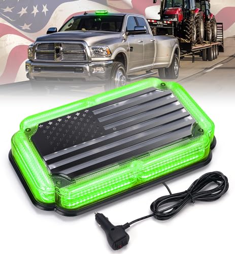 Xprite 108 LED Roof Top Strobe Light, US Flag Pattern Mail Postal Car Light Bar, Emergency Safety Warning LED Mini Strobe Lightbar w/Magnetic for Patrol Vehicles Law Enforcement Trucks Plows, Green - color: Green