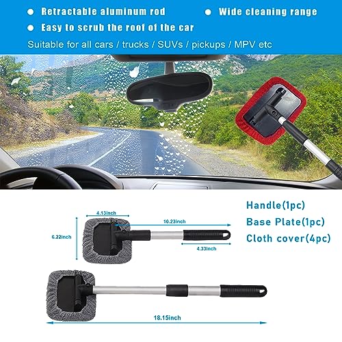 Ziciner Car Windshield Cleaner, Microfiber Auto Cleaning Wiper with Aluminum Extendable Handle and 2 Washable Reusable Cloth Pad Head, Universal Vehicle Interior Exterior Cleaner Kit (Red-Rectangle) - size: Red-rectangle