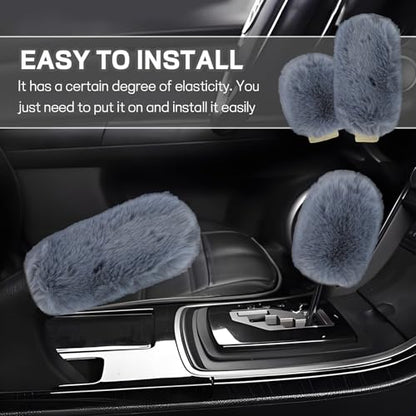 Hovom 2PCS Fluffy Car Gear Shift Knob Cover & Handbrake Cover, Soft Plush Hand Brake Handle & Gear Shift Cover for Women Girls, Universal Comfortable Warm Furry Car Accessories (Gray) - color: Gray