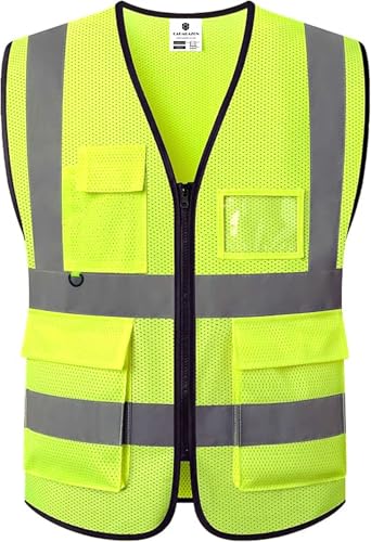 caparazon Unisex High-Visibility Reflective Safety Vest with Zippered Pockets - ANSI/ISEA Certified for Enhanced Work Safety - color: Yellow