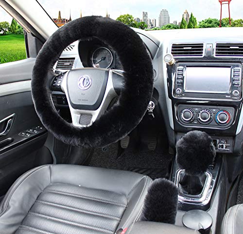 Pinbola 5pcs in 1 Set Faux Wool Steering Wheel Cover Soft Fluffy Handbrake Cover & Gear Shift Cover & 2pcs Seat Belt Shoulder Pads Warm Universal Fit for 15 Inch (Black) - color: Black