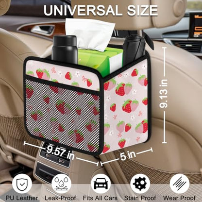 Cute Strawberry Print Car Organizer for Kids, Backseat Headrest Storage Bag, Adorable Cartoon Fruit Pattern, Foldable Waterproof PU Leather Organizer, Perfect for Mom and Baby