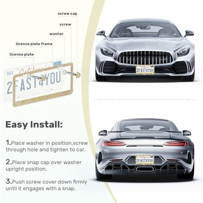 QUANQIUFEI 2 Pack Bling License Plate Frames, Sparkly Rhinestone Diamond Car License Plate Cover for Women, Stainless Steel Car Accessories with Glitter Crystal Caps (Golden) - color: Golden