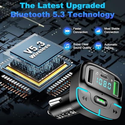 Bluetooth Car Adapter, Wireless Radio Adapter USB C Car Charger MP3 FM Transmitter, Support U Disk/Hands Free Calling