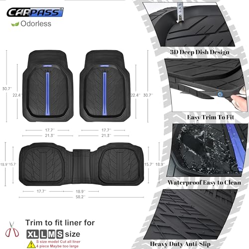 CAR PASS Tire Tread DeepDish Rubber Floor Mats for car Heavy Duty car mats All Weather, Universal XL~M Trim to Fit for Truck SUV Vehicle Automotive, Waterproof car mats 3 Piece(Blue Black) - color: Blue Black