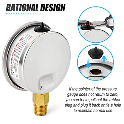 MEANLIN MEASURE 0~100Psi Stainless Steel 1/4" NPT 2.5" FACE DIAL Liquid Filled Pressure Gauge WOG Water Oil Air Back Mount (Pack of 2), with 1/2" NPT and 3/8" NPT Hex Bushing - size: 0-100Psi (2Pcs)
