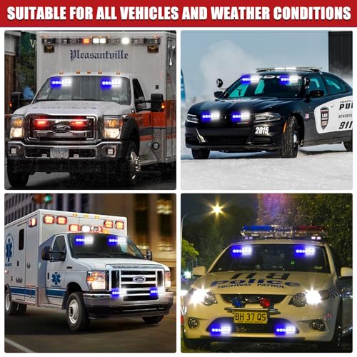2X 6.1 inch Blue White Emergency Strobe Lights 12 LED Hazard Warning Flashing Safety Dash Front/Rear Windshield Lights Grill Surface Mount for Police Firefighter Ambulance Vehicles Trucks - color: Blue/White