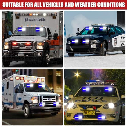 2X 6.1 inch Blue White Emergency Strobe Lights 12 LED Hazard Warning Flashing Safety Dash Front/Rear Windshield Lights Grill Surface Mount for Police Firefighter Ambulance Vehicles Trucks - color: Blue/White