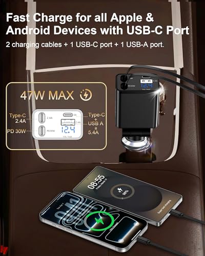 Retractable Car Phone Charger for Samsung S26 S25 Android, 4 in 1 Fast USB C Car Charging Adapter with 2 Flexible USB C Cable, USBC Cigarette Lighter Gift for Men Car Gadgets Electronics Accessories - color: Reatractable Car Charger-Black