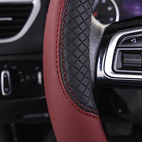 CAR PASS Rhombus Leather Universal Steering Wheel Cover, Fit for Suvs,Trucks,Cars,Sedans,Vans (Black&Burgundy) - color: Black and Burgundy, size: Standard[14.5"-15"]