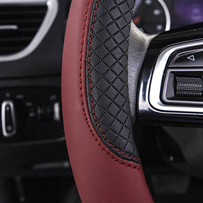 CAR PASS Rhombus Leather Universal Steering Wheel Cover, Fit for Suvs,Trucks,Cars,Sedans,Vans (Black&Burgundy) - color: Black and Burgundy, size: Standard[14.5"-15"]
