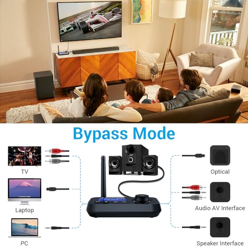 Bluetooth Transmitter Receiver 3-in-1 Bluetooth 5.3 Audio Adapter for 2 Headphones with Bypass Volume Control ON/Off Switch LCD Display 3.5mm Aux/Optical/RCA for Home Stereo TV Speaker PC - color: All Black