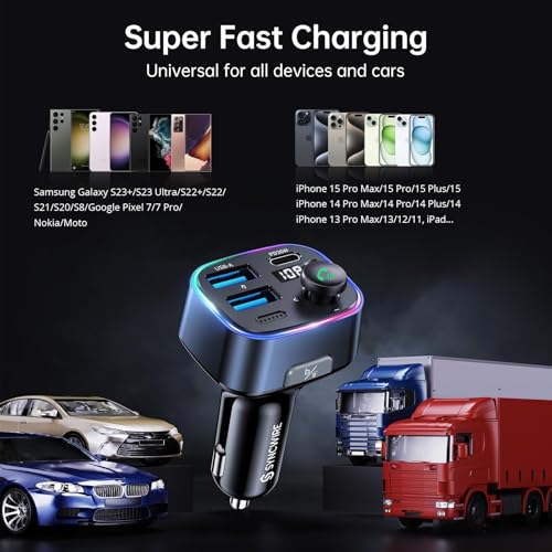 Syncwire Bluetooth 5.3 FM Transmitter Car Adapter 48W(PD 36W & 12W) [Light Switch] [Hi-Fi Deep Bass] [Fast Charging] Wireless Radio Music Adapter LED Display Hands-Free Calling Support USB Drive - color: Dark Blue, style: 48W