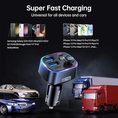 Syncwire Bluetooth 5.3 FM Transmitter Car Adapter 48W(PD 36W & 12W) [Light Switch] [Hi-Fi Deep Bass] [Fast Charging] Wireless Radio Music Adapter LED Display Hands-Free Calling Support USB Drive - color: Dark Blue, style: 48W